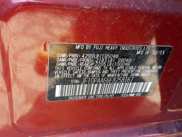 JF1GPAA66E8258167 - 2014 SUBARU IMPREZA RED photo 10