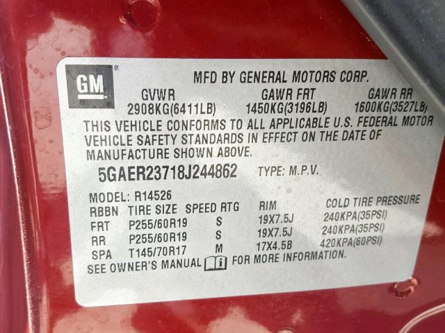 5GAER23718J244862 - 2008 BUICK ENCLAVE CX RED photo 10