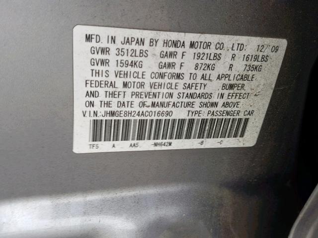 JHMGE8H24AC016690 - 2010 HONDA FIT SILVER photo 10