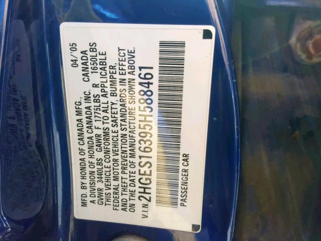 2HGES16395H588461 - 2005 HONDA CIVIC DX V BLUE photo 10