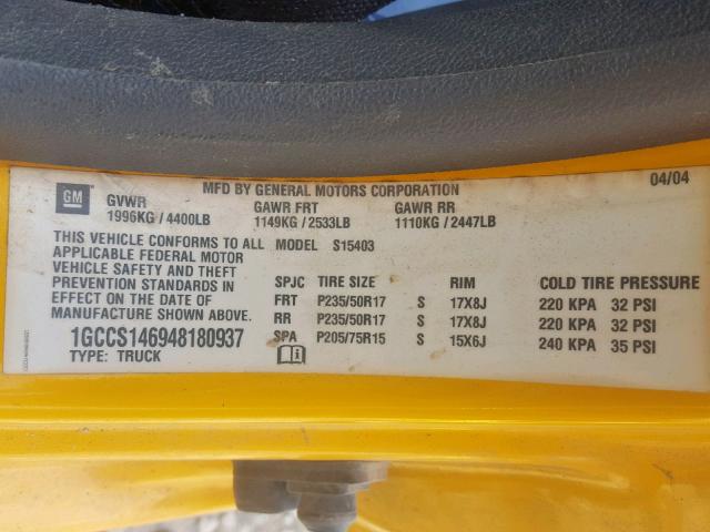 1GCCS146948180937 - 2004 CHEVROLET COLORADO YELLOW photo 10