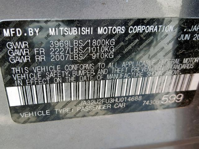 JA32U2FU3HU014688 - 2017 MITSUBISHI LANCER ES SILVER photo 10