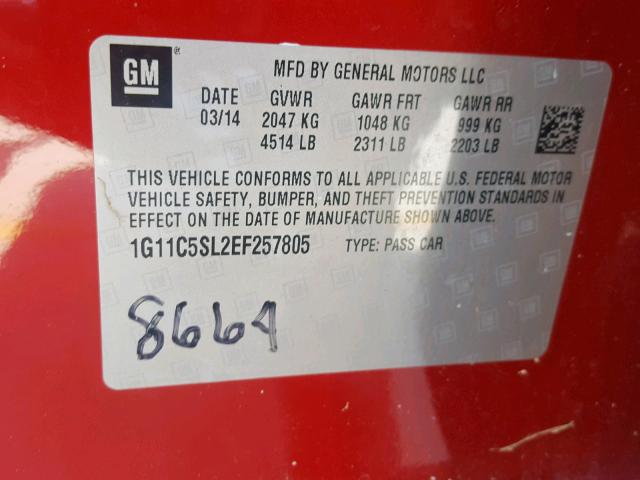 1G11C5SL2EF257805 - 2014 CHEVROLET MALIBU 1LT MAROON photo 10