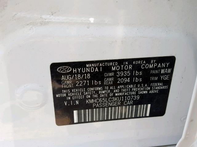 KMHC65LC3KU110739 - 2019 HYUNDAI IONIQ BLUE WHITE photo 10