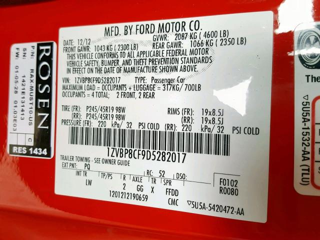 1ZVBP8CF9D5282017 - 2013 FORD MUSTANG GT RED photo 10