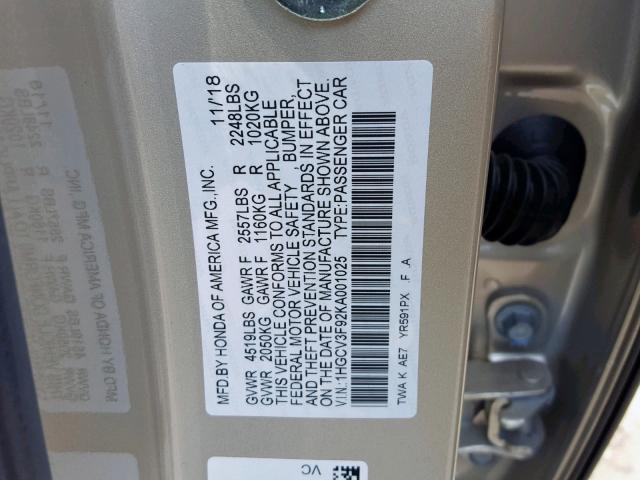 1HGCV3F92KA001025 - 2019 HONDA ACCORD HYB GOLD photo 10