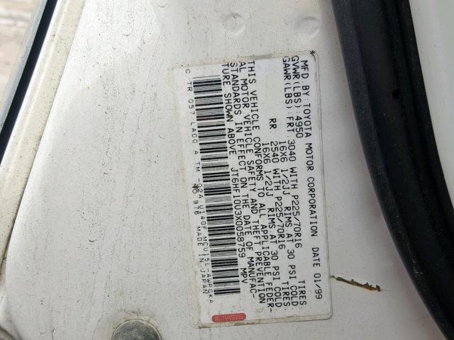 JT6HF10U3X0058759 - 1999 LEXUS RX 300 WHITE photo 10