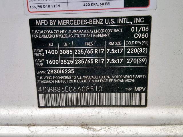 4JGBB86E06A088101 - 2006 MERCEDES-BENZ ML 350 WHITE photo 10