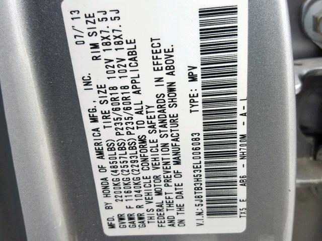 5J8TB3H53EL006083 - 2014 ACURA RDX TECHNO SILVER photo 10