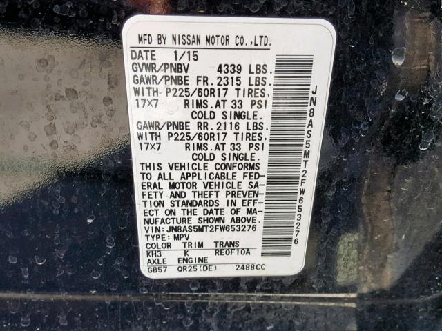 JN8AS5MT2FW653276 - 2015 NISSAN ROGUE SELE BLACK photo 10