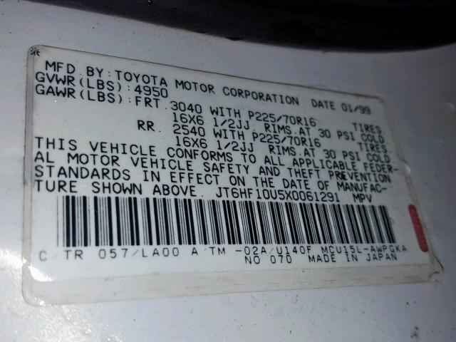 JT6HF10U5X0061291 - 1999 LEXUS RX 300 WHITE photo 10