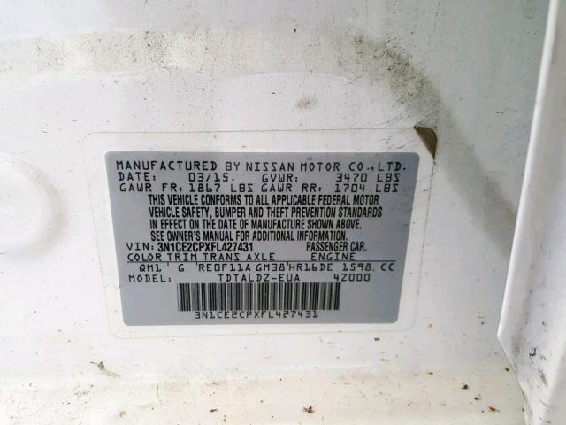 3N1CE2CPXFL427431 - 2015 NISSAN VERSA NOTE WHITE photo 10