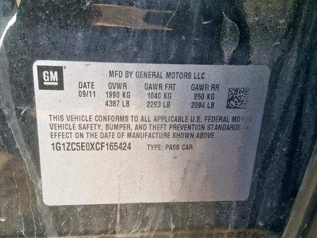 1G1ZC5E0XCF165424 - 2012 CHEVROLET MALIBU 1LT BLACK photo 10