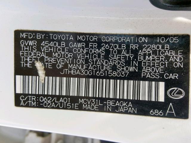 JTHBA30G165158037 - 2006 LEXUS ES 330 WHITE photo 10