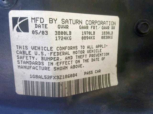 1G8AL52FX3Z186084 - 2003 SATURN ION LEVEL BLUE photo 10