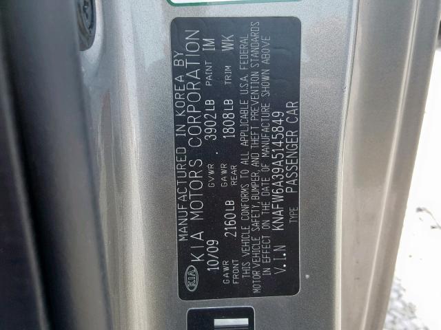 KNAFW6A39A5145849 - 2010 KIA FORTE SX GRAY photo 10