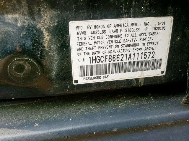 1HGCF86621A111572 - 2001 HONDA ACCORD VAL GREEN photo 10