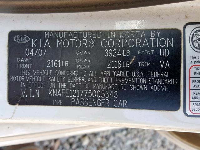 KNAFE121775005343 - 2007 KIA SPECTRA EX WHITE photo 10