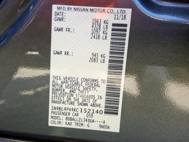 1N4BL4FV4KC152140 - 2019 NISSAN ALTIMA PLA GRAY photo 10