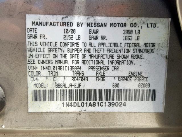 1N4DL01A81C139024 - 2001 NISSAN ALTIMA GXE BEIGE photo 10