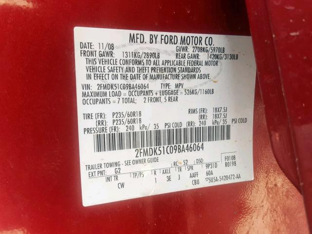 2FMDK51C09BA46064 - 2009 FORD FLEX SE RED photo 10