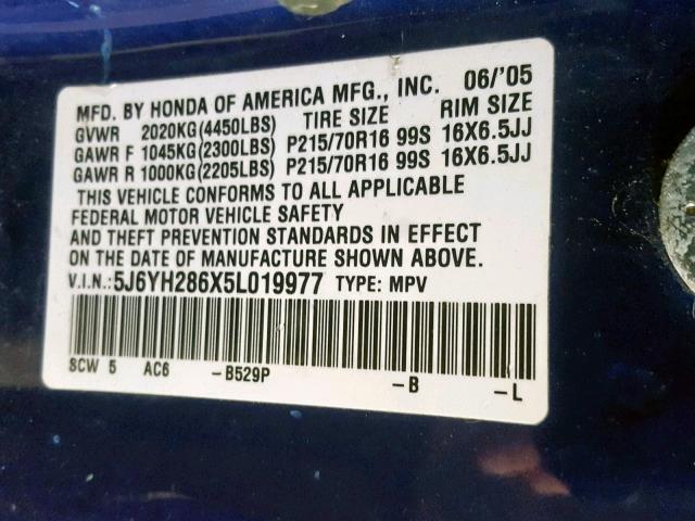 5J6YH286X5L019977 - 2005 HONDA ELEMENT EX BLUE photo 10