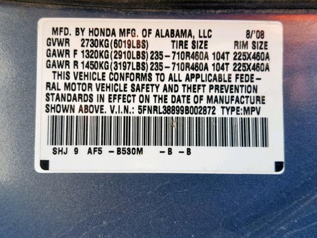 5FNRL38899B002872 - 2009 HONDA ODYSSEY TO BLUE photo 10