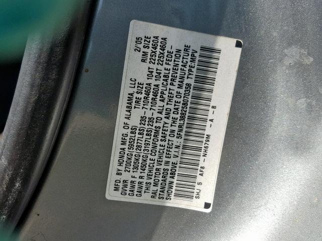 5FNRL38825B070358 - 2005 HONDA ODYSSEY TO BLUE photo 10