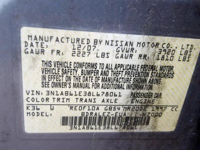 3N1AB61E38L678061 - 2008 NISSAN SENTRA 2.0 GRAY photo 10