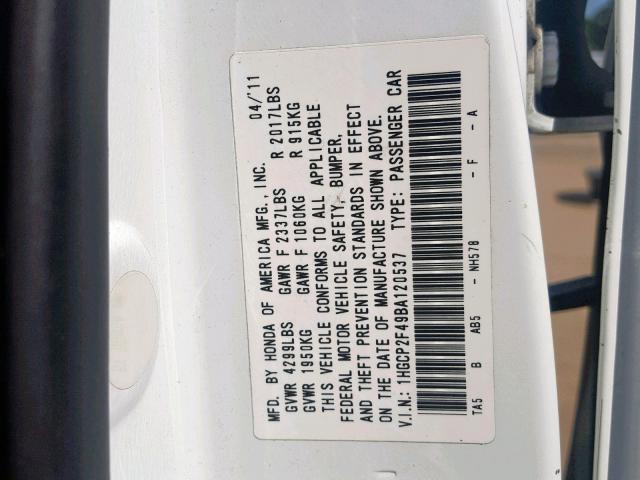 1HGCP2F49BA120537 - 2011 HONDA ACCORD LXP WHITE photo 10