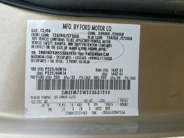 2MEFM75W55X631550 - 2005 MERCURY GRAND MARQ GOLD photo 10