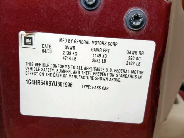 1G4HR54K9YU301996 - 2000 BUICK LESABRE LI MAROON photo 10