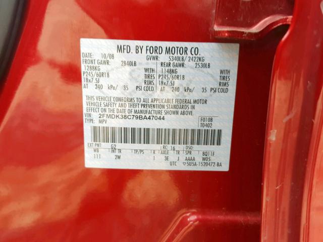 2FMDK38C79BA47044 - 2009 FORD EDGE SEL RED photo 10