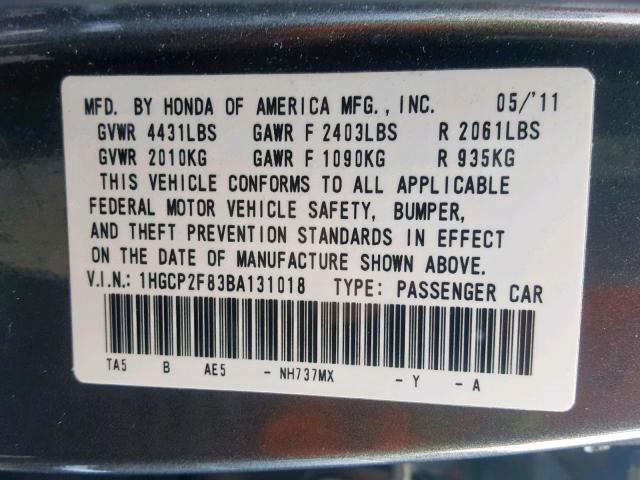 1HGCP2F83BA131018 - 2011 HONDA ACCORD EXL GRAY photo 10