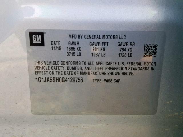 1G1JA5SH0G4129756 - 2016 CHEVROLET SONIC LS SILVER photo 10