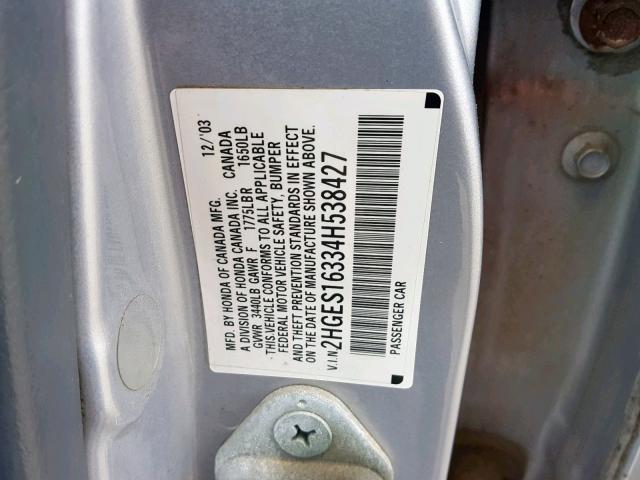 2HGES16334H538427 - 2004 HONDA CIVIC DX V GRAY photo 10