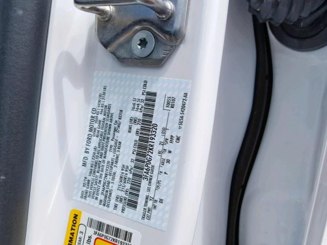 3FA6P0G72KR193320 - 2019 FORD FUSION S WHITE photo 10