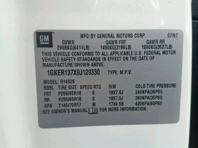 1GKER137X8J120330 - 2008 GMC ACADIA SLE WHITE photo 10