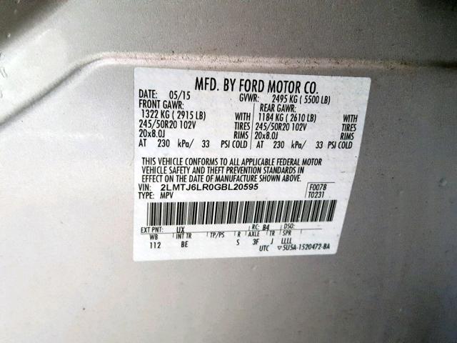 2LMTJ6LR0GBL20595 - 2016 LINCOLN MKX RESERV SILVER photo 10