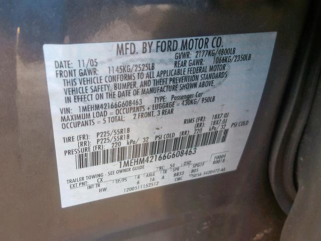 1MEHM42166G608463 - 2006 MERCURY MONTEGO PR 灰色 照片 10