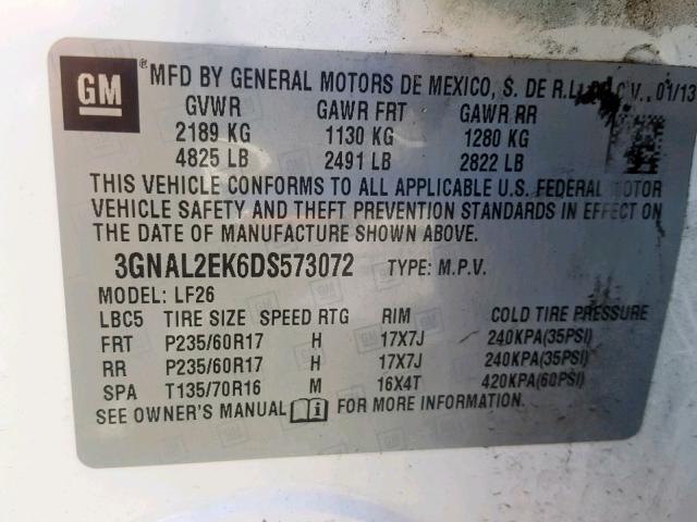 3GNAL2EK6DS573072 - 2013 CHEVROLET CAPTIVA LS 白色 照片 10