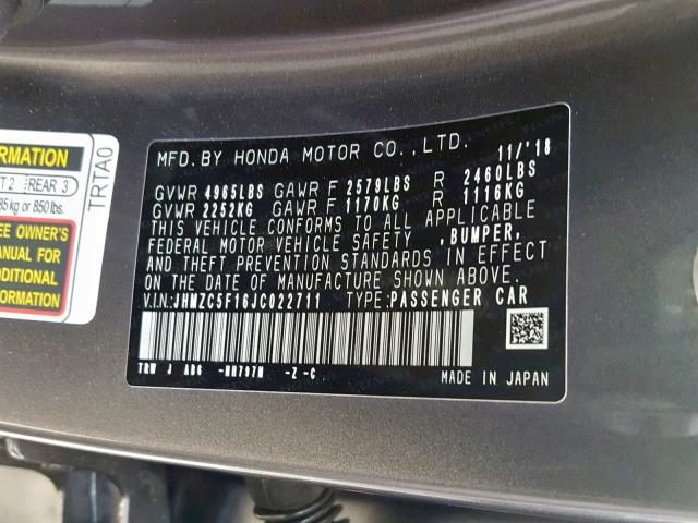 JHMZC5F16JC022711 - 2018 HONDA CLARITY GRAY photo 10