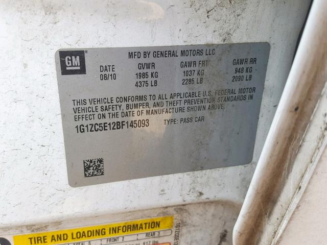 1G1ZC5E12BF145093 - 2011 CHEVROLET MALIBU 1LT 白色 照片 10