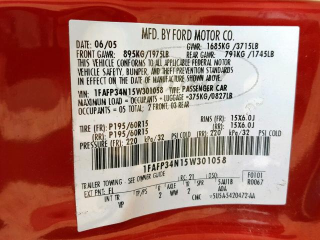 1FAFP34N15W301058 - 2005 FORD FOCUS ZX4 RED photo 10