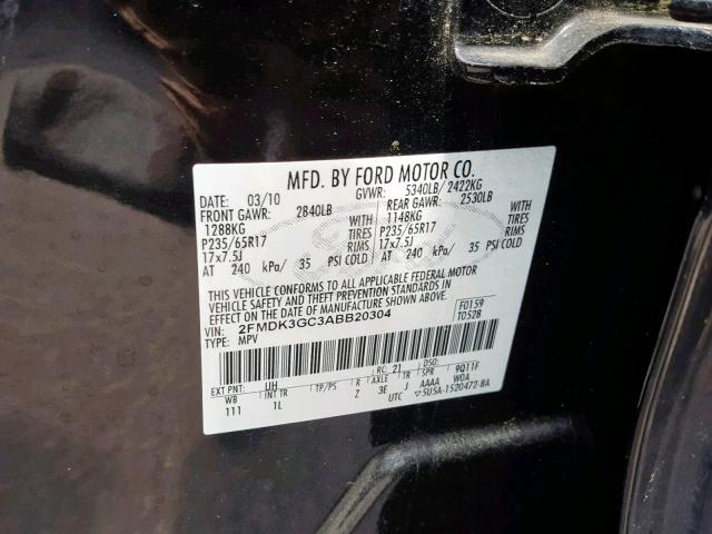 2FMDK3GC3ABB20304 - 2010 FORD EDGE SE BLACK photo 10