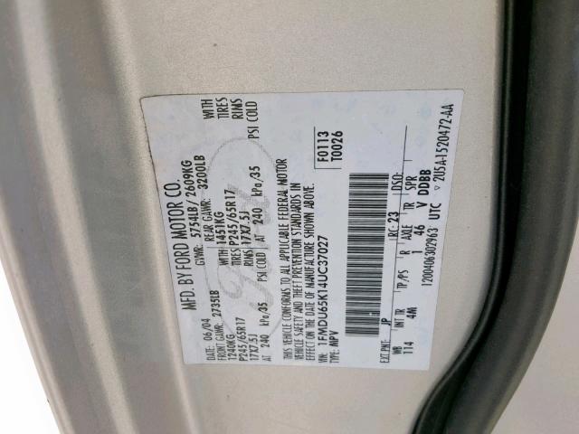 1FMDU65K14UC37027 - 2004 FORD EXPLORER L SILVER photo 10