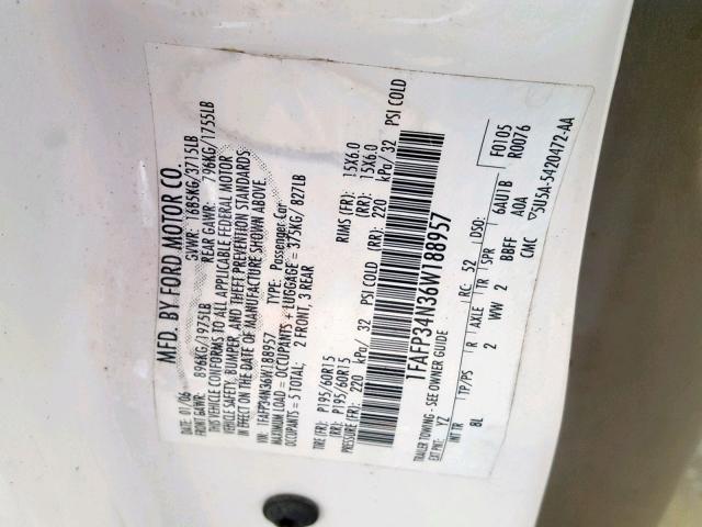 1FAFP34N36W188957 - 2006 FORD FOCUS ZX4 WHITE photo 10