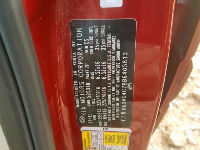 KNDMG4C78B6405813 - 2011 KIA SEDONA LX RED photo 10