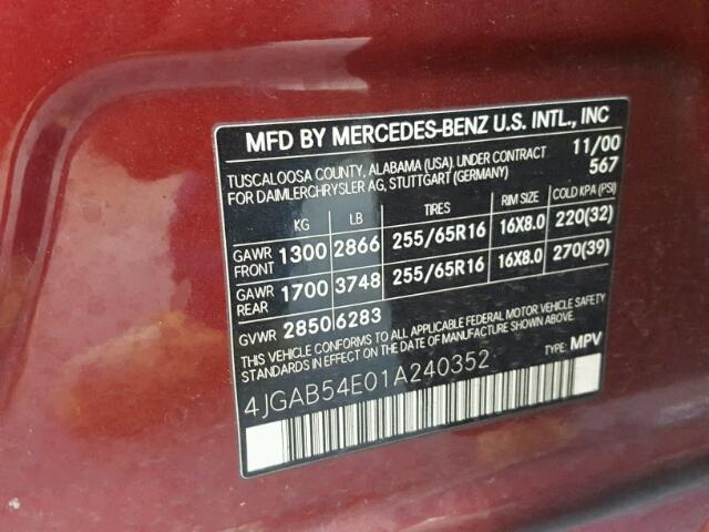 4JGAB54E01A240352 - 2001 MERCEDES-BENZ ML 320 RED photo 10