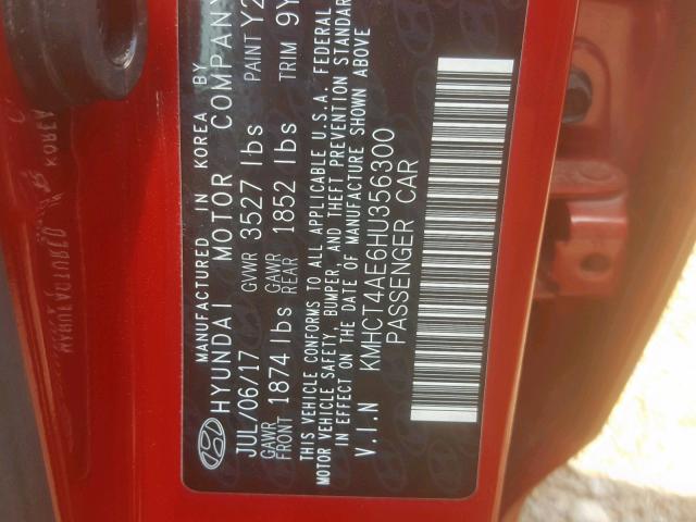 KMHCT4AE6HU356300 - 2017 HYUNDAI ACCENT SE RED photo 10